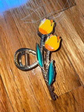 Yellow Tulip Kids Hair Clip with Green Leaves